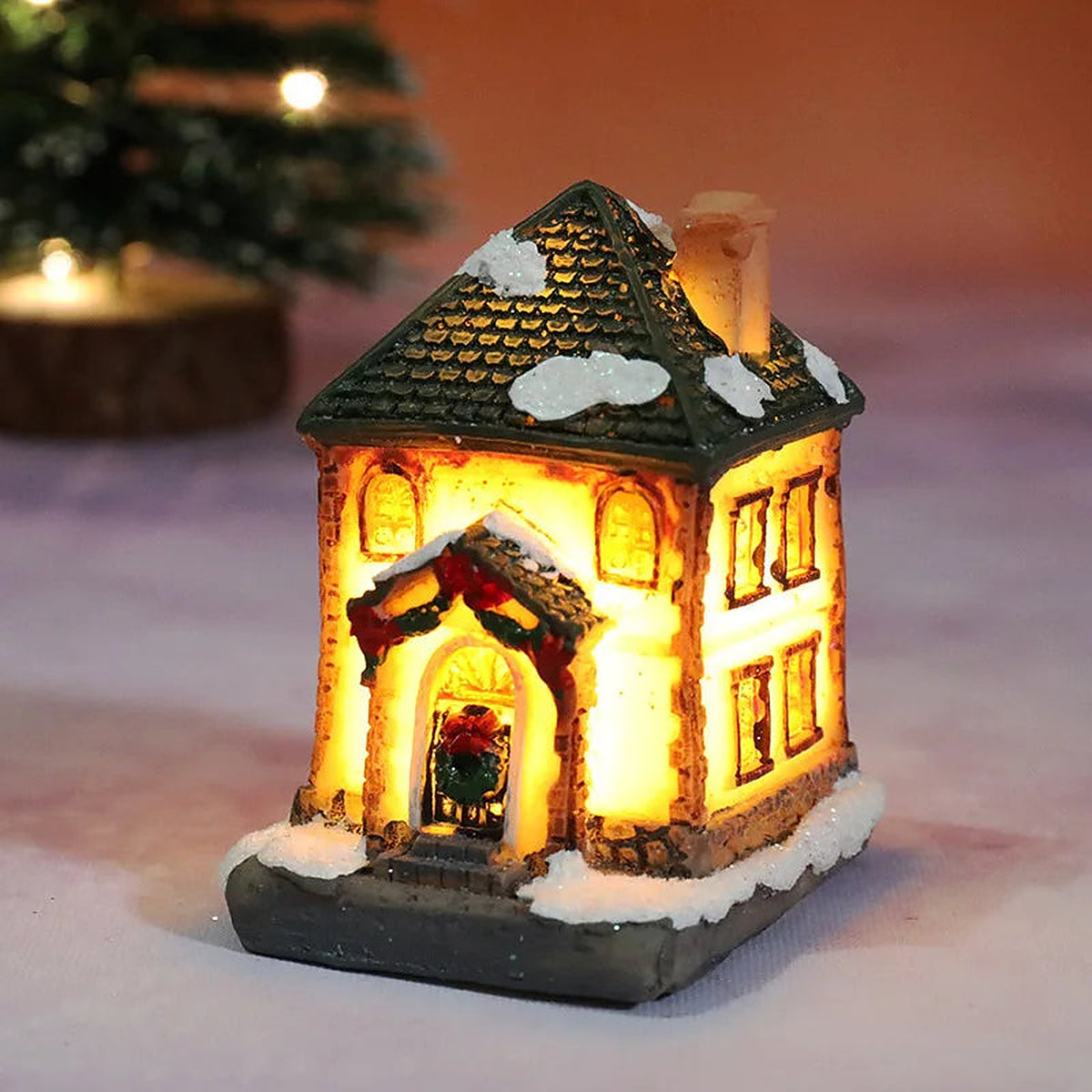 Wreath-door cottage light-up village house