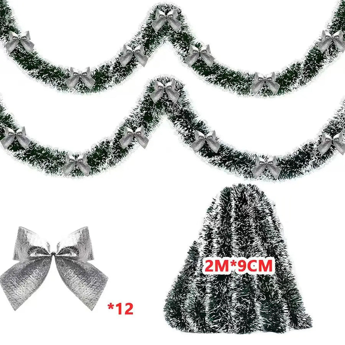 Frosted tinsel garland, 2 m, with silver bows