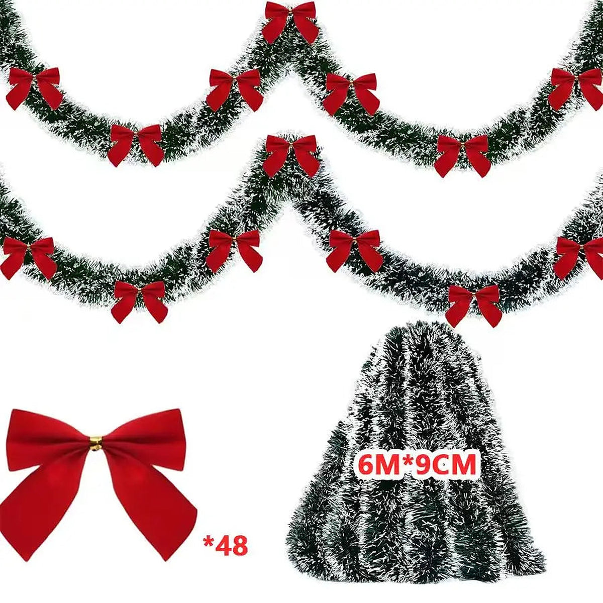 Frosted tinsel garland, 6 m, with red bows