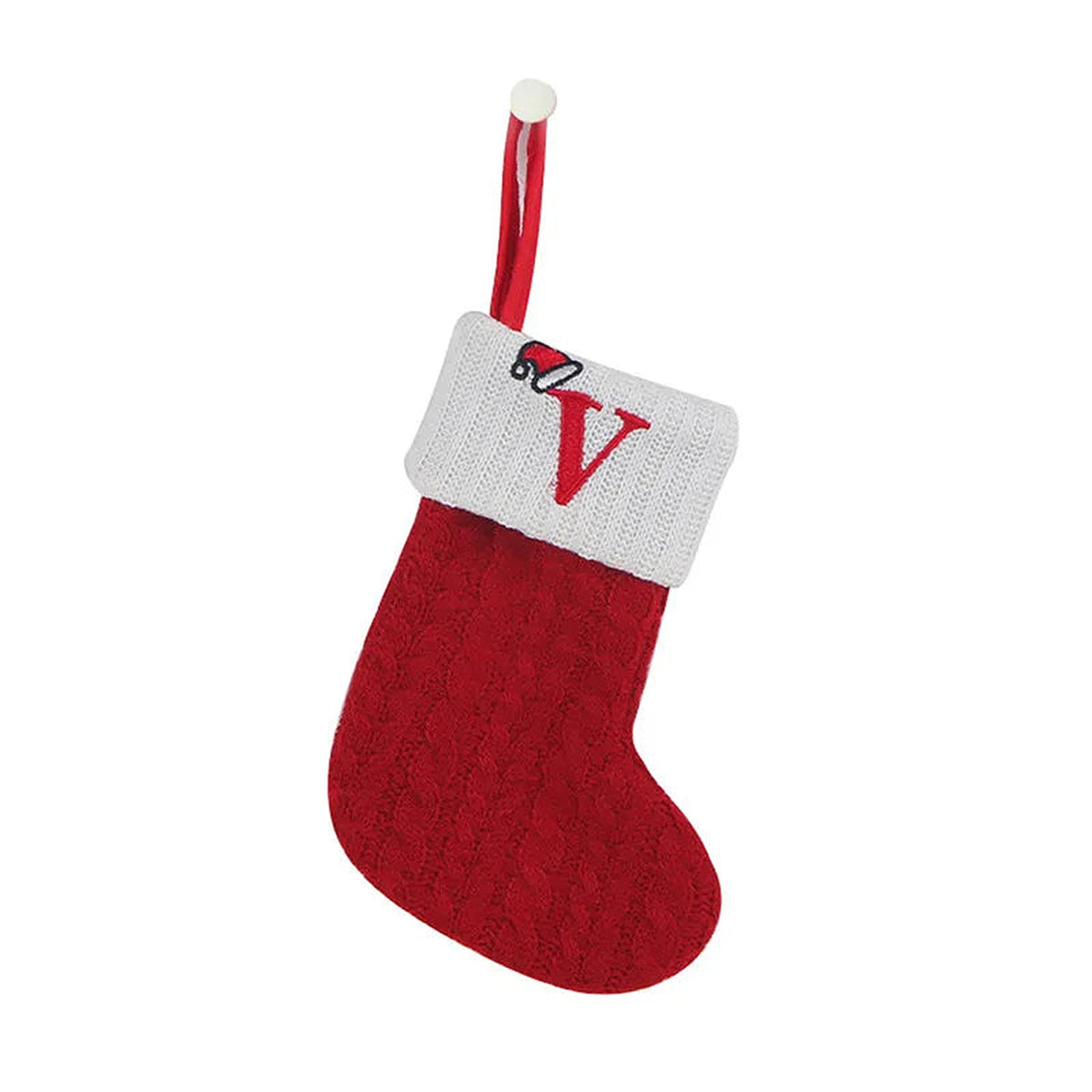 Red knit mini Christmas stocking with embroidered letter V