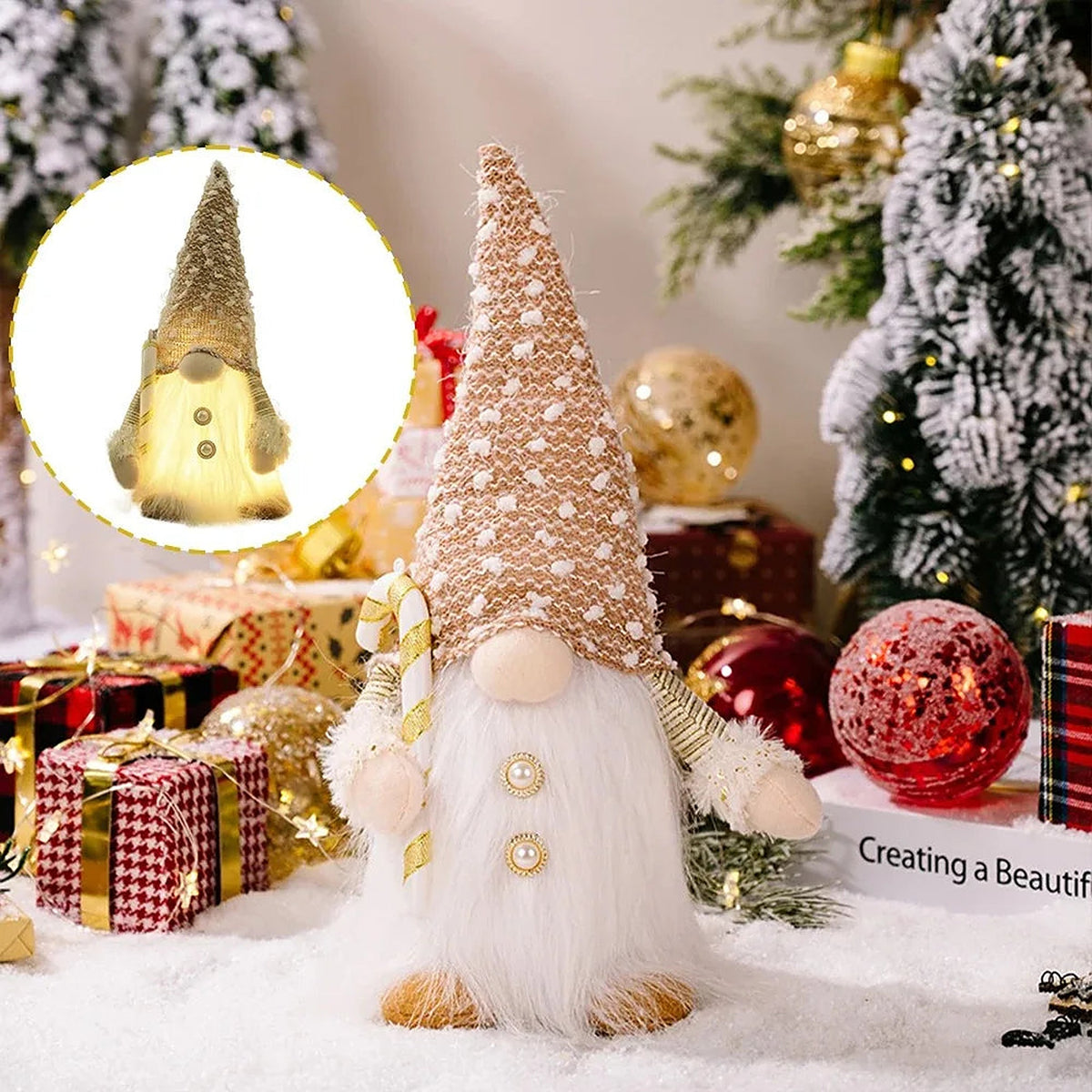 Light-up gnome with champagne sequin hat and white coat