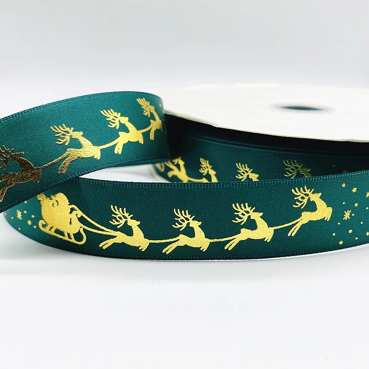 Green ribbon with gold sleigh and reindeer
