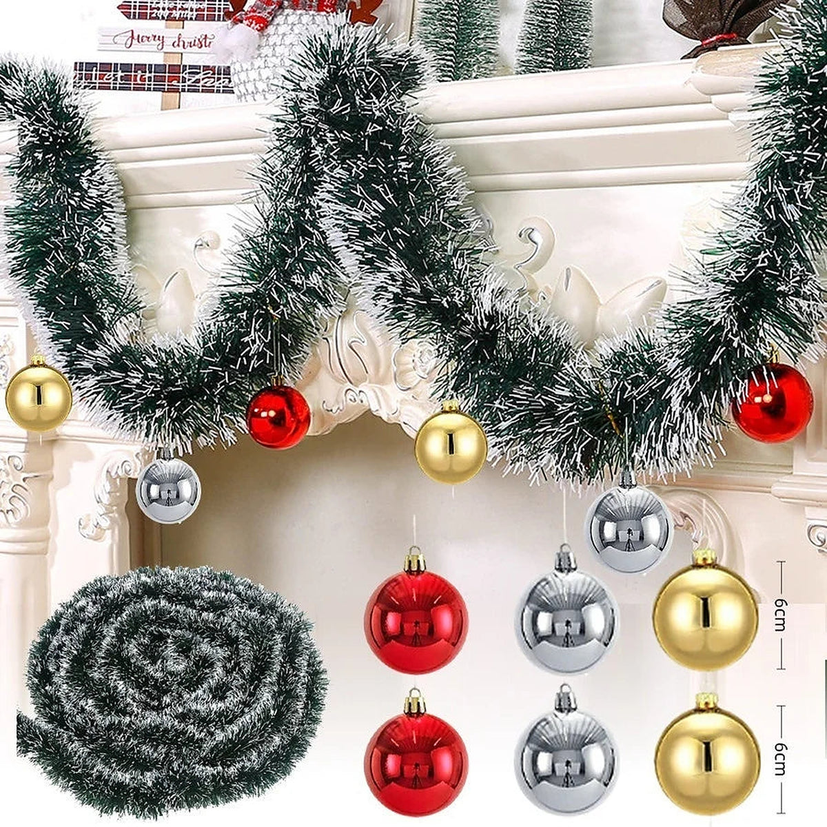Frosted tinsel garland, 2 m, with red, silver and gold baubles