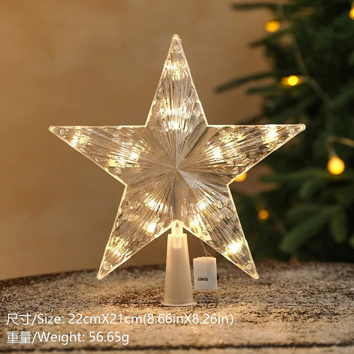 Clear star tree topper with warm white LEDs