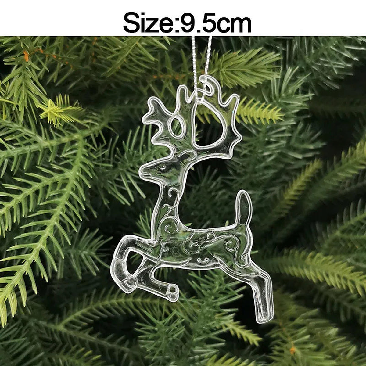 Clear acrylic reindeer outline ornament, 9.5 cm