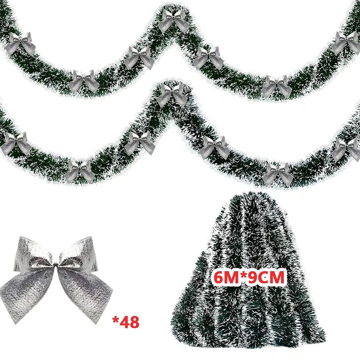 Frosted tinsel garland, 6 m, with silver bows