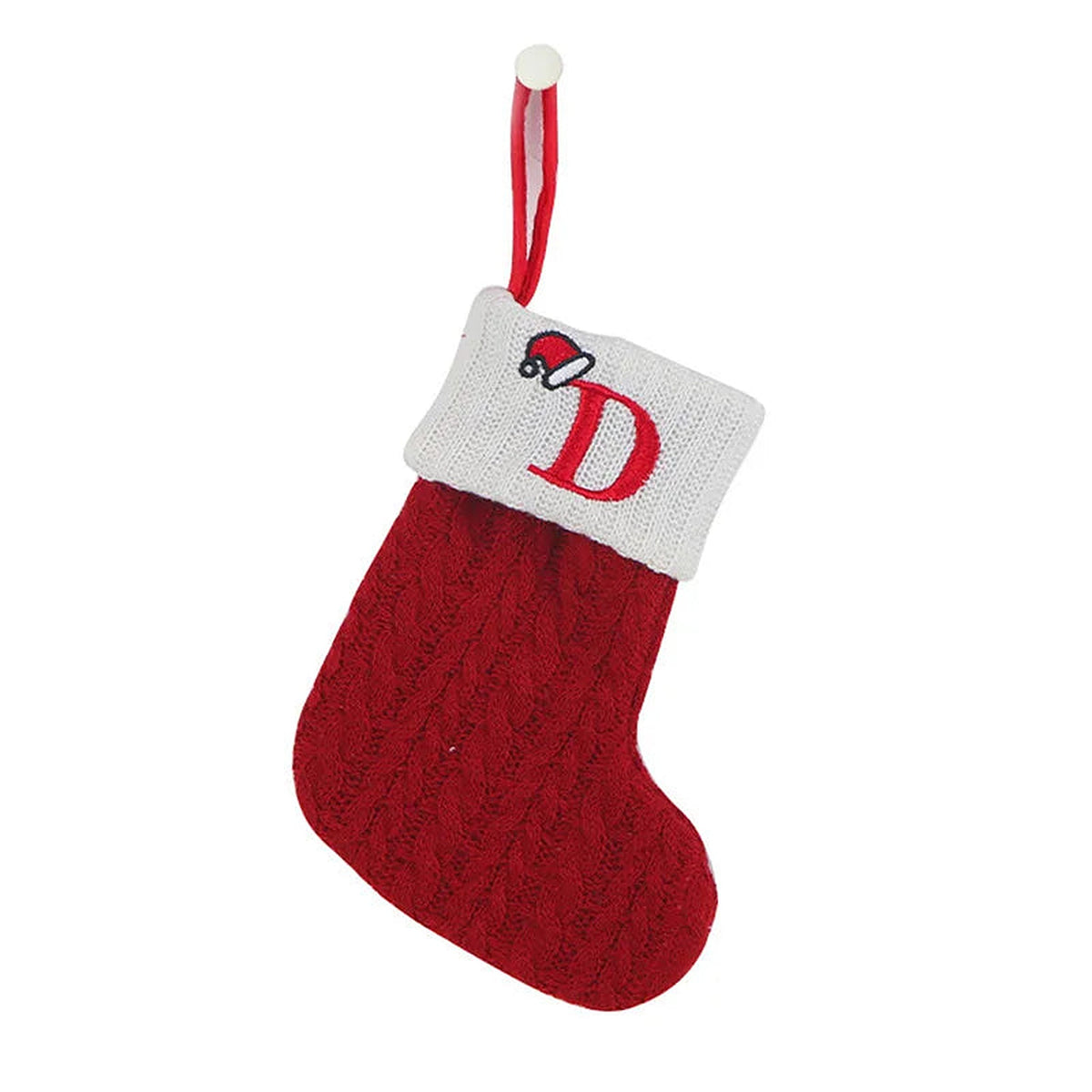 Red knit mini Christmas stocking with embroidered letter D