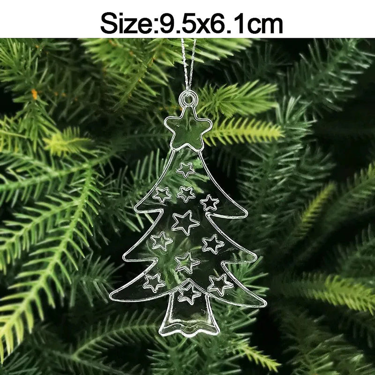 Clear acrylic Christmas tree ornament, 9.5 × 6.1 cm