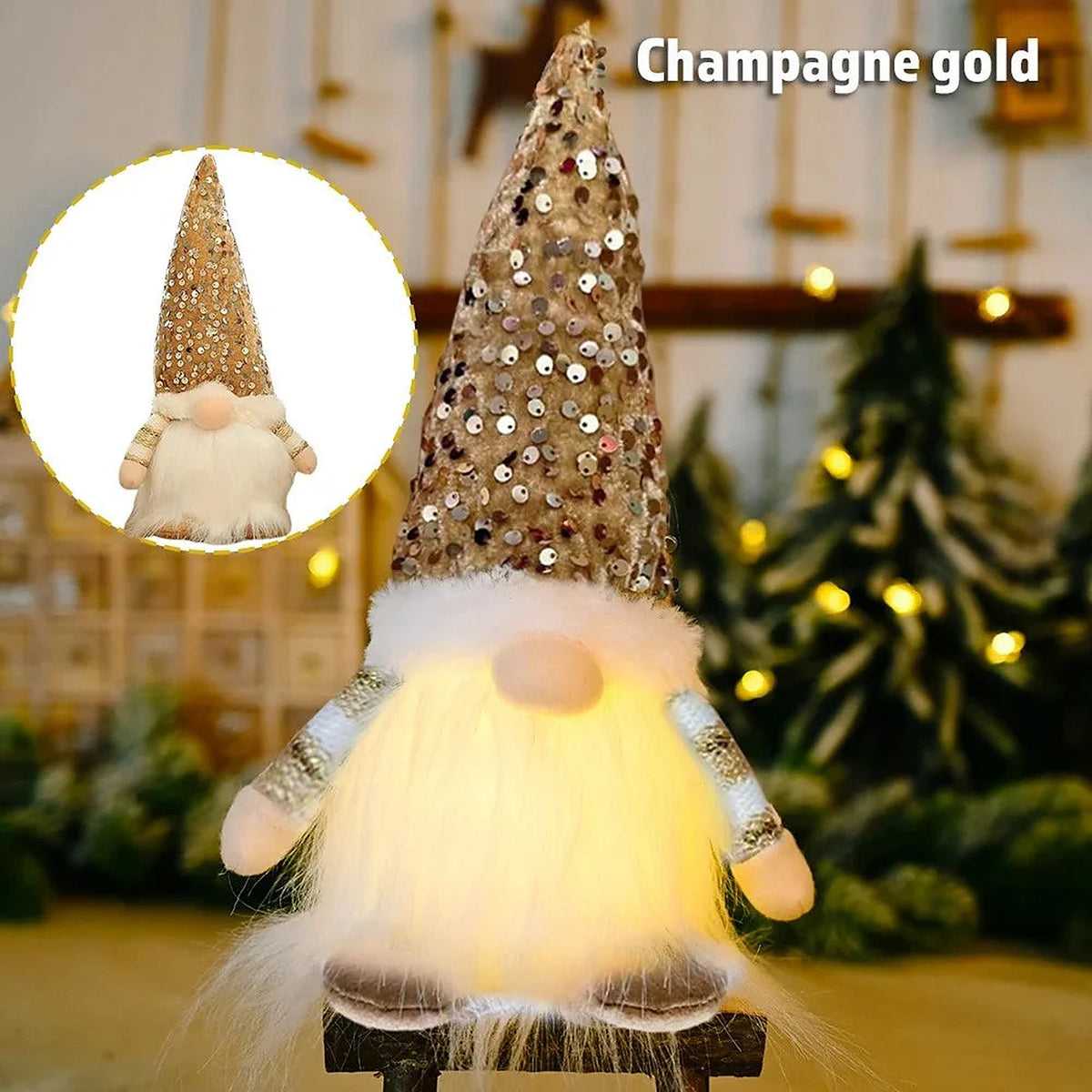 Light-up gnome with champagne gold sequin hat