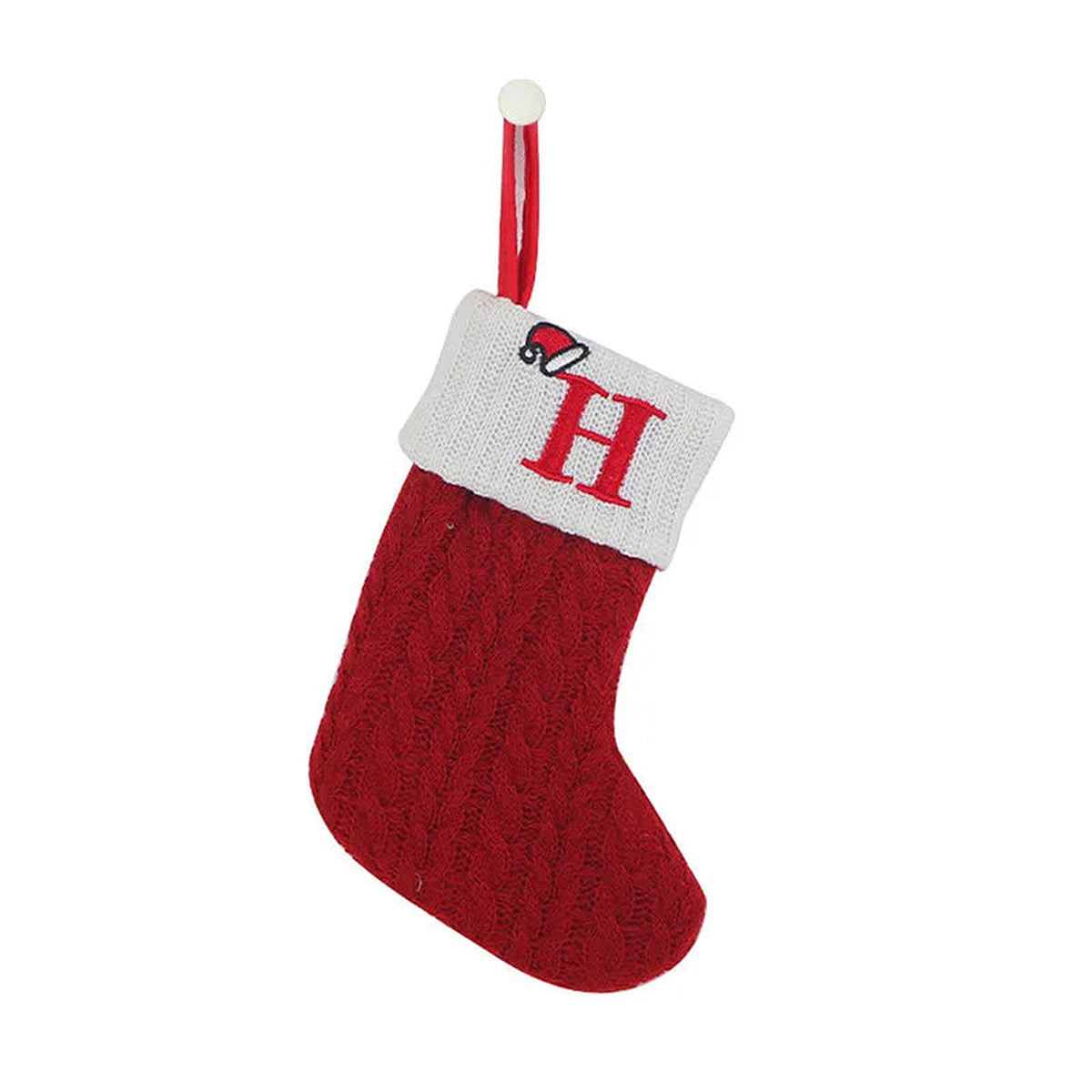 Red knit mini Christmas stocking with embroidered letter H