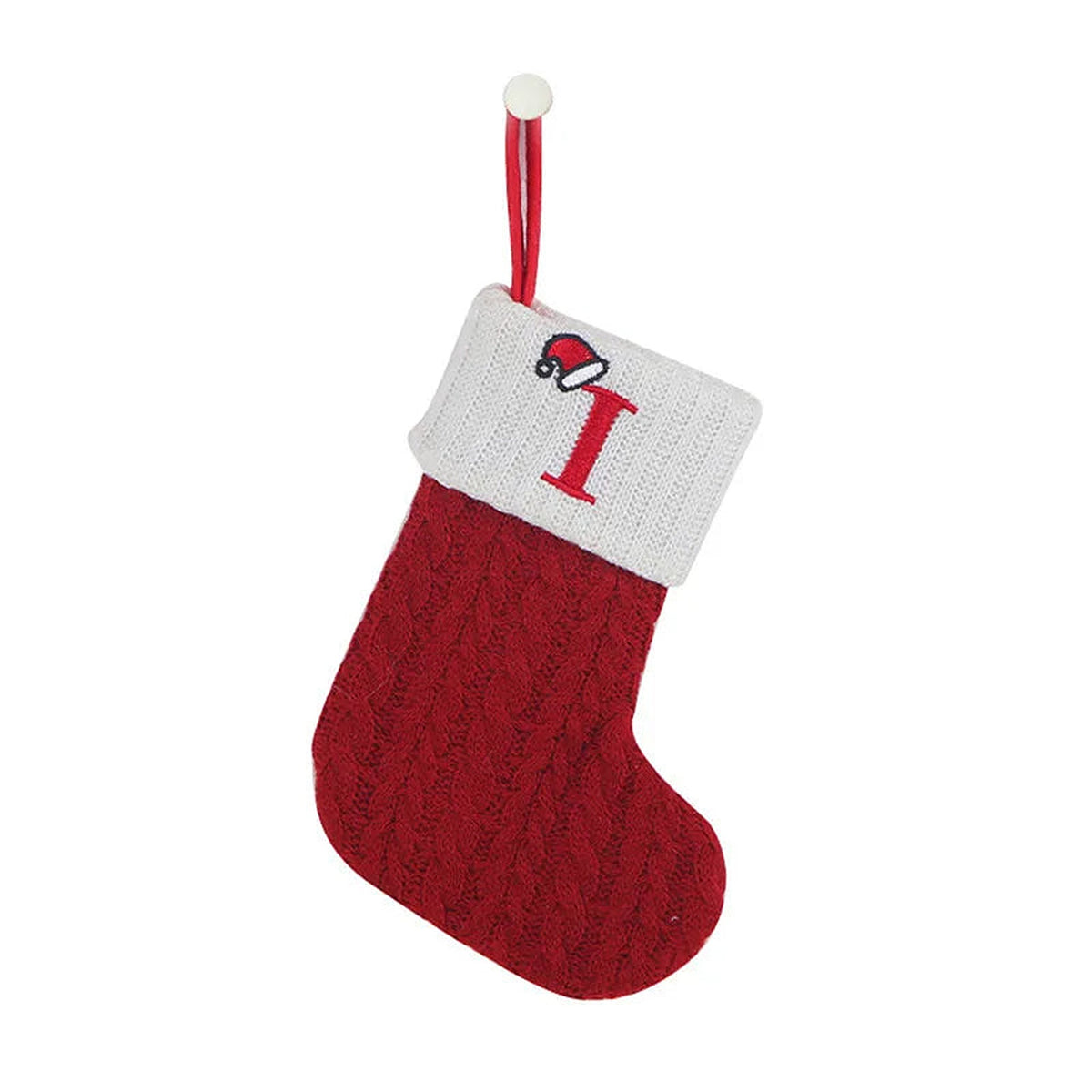 Red knit mini Christmas stocking with embroidered letter I