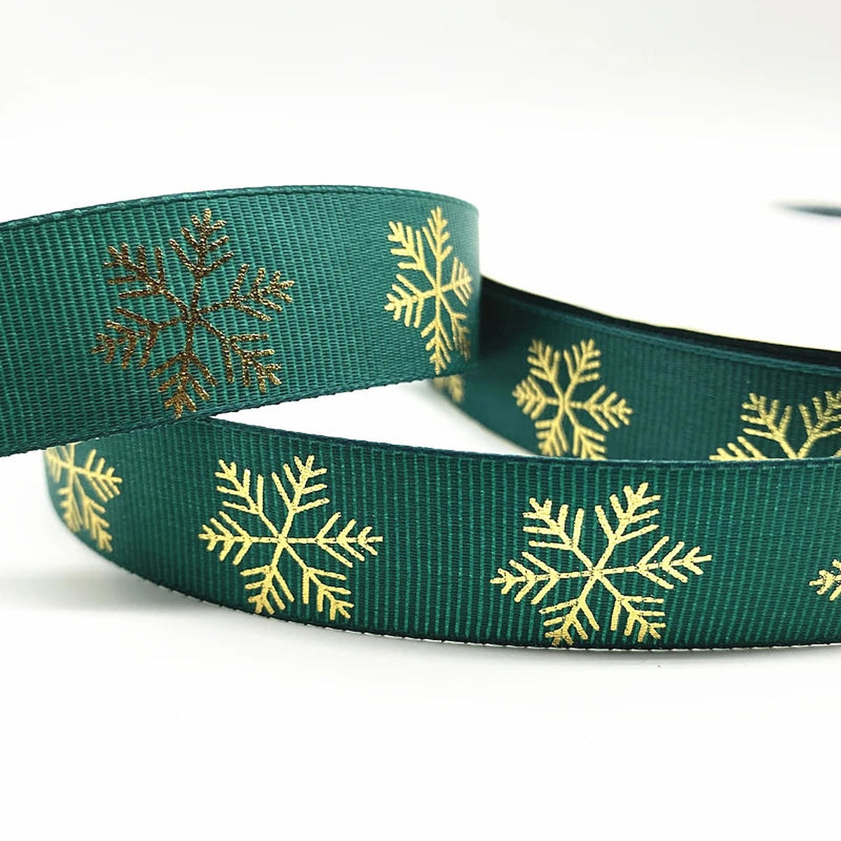 Dark green grosgrain ribbon with gold snowflakes
