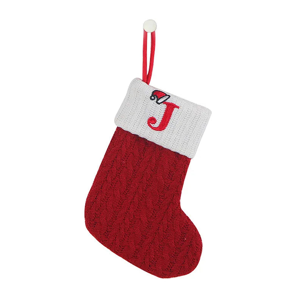 Red knit mini Christmas stocking with embroidered letter J