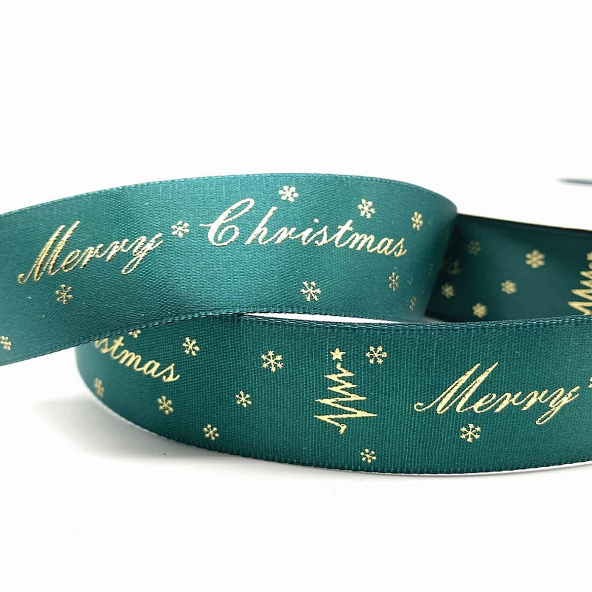 Green ribbon with gold Merry Christmas script