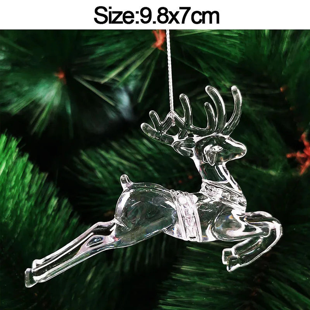 Clear acrylic leaping reindeer ornament, 9.8 × 7 cm