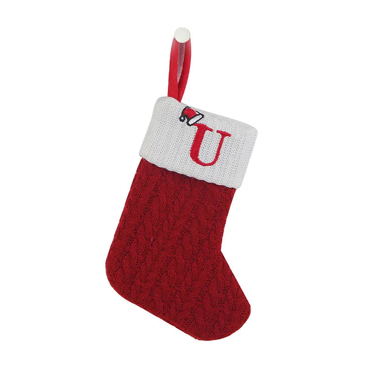 Red knit mini Christmas stocking with embroidered letter U