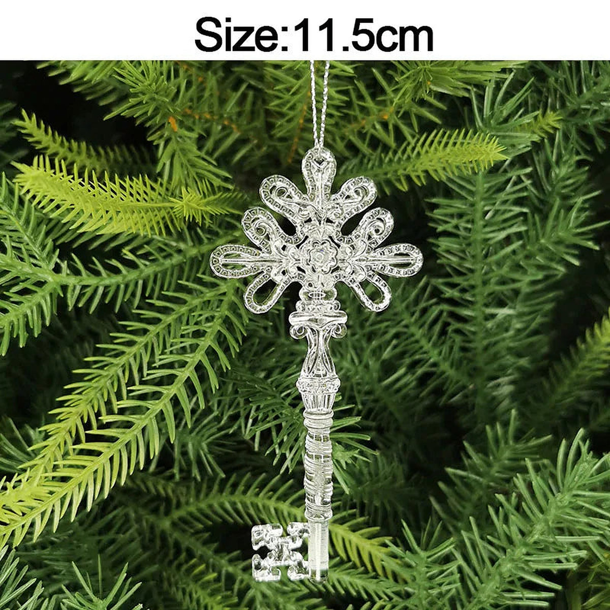 Clear acrylic snowflake key ornament, 11.5 cm