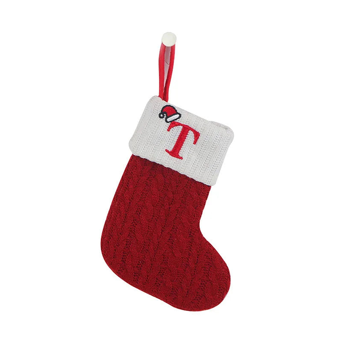 Red knit mini Christmas stocking with embroidered letter T