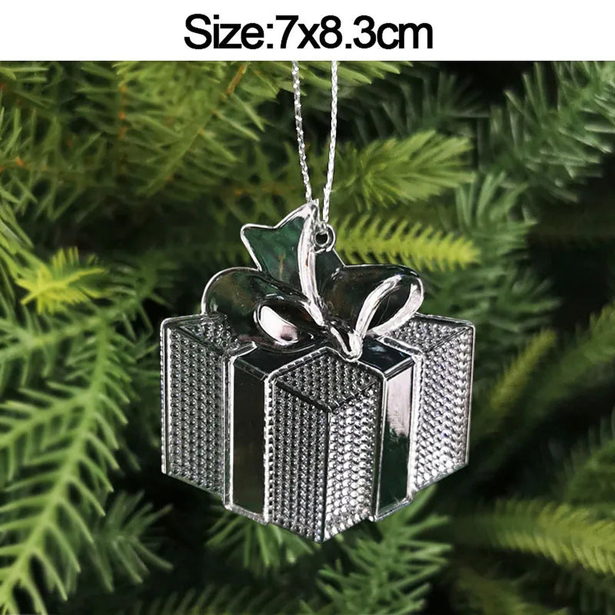 Silver-finish gift box ornament, 7 × 8.3 cm