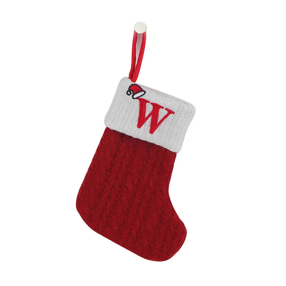 Red knit mini Christmas stocking with embroidered letter W