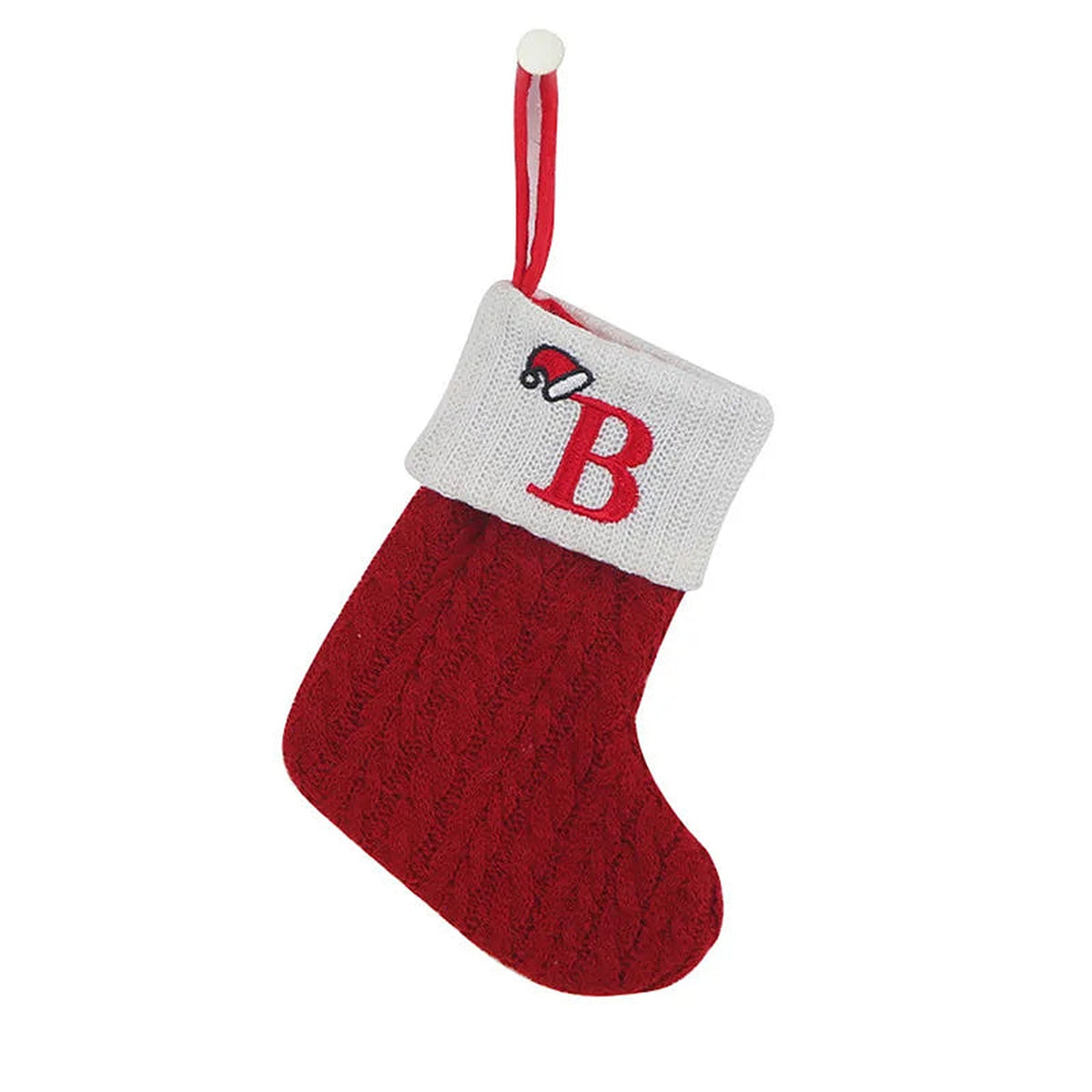 Red knit mini Christmas stocking with embroidered letter B