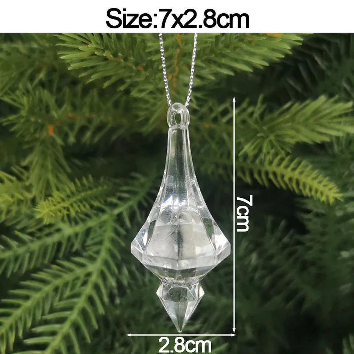 Clear acrylic spire drop ornament, 7 × 2.8 cm