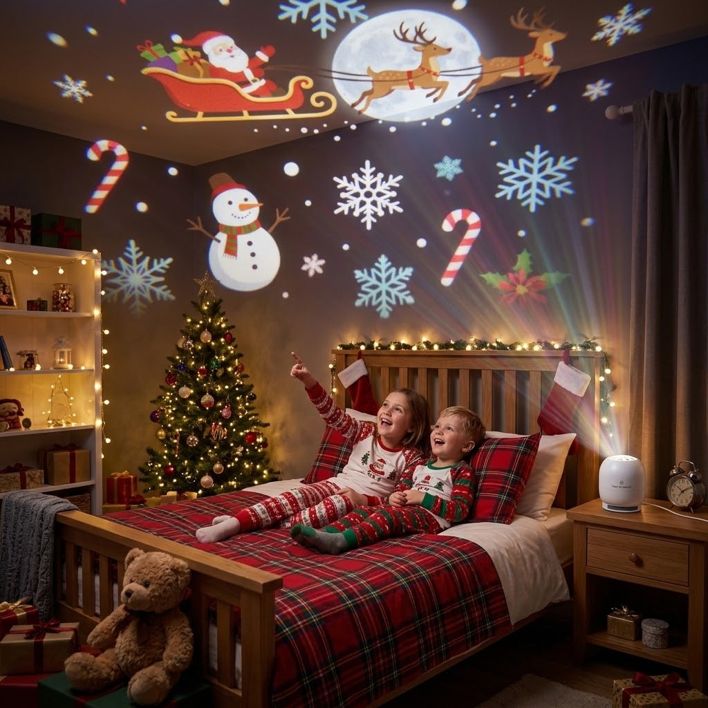 Christmas Ceiling Projector – Rotating Santa & Snowflake Night Light